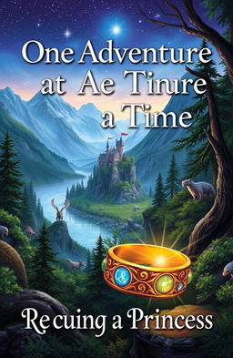 A captivating book cover for a fantasy novel, featuring a mystical landscape filled with lush forests, towering mountains, and shimmering rivers