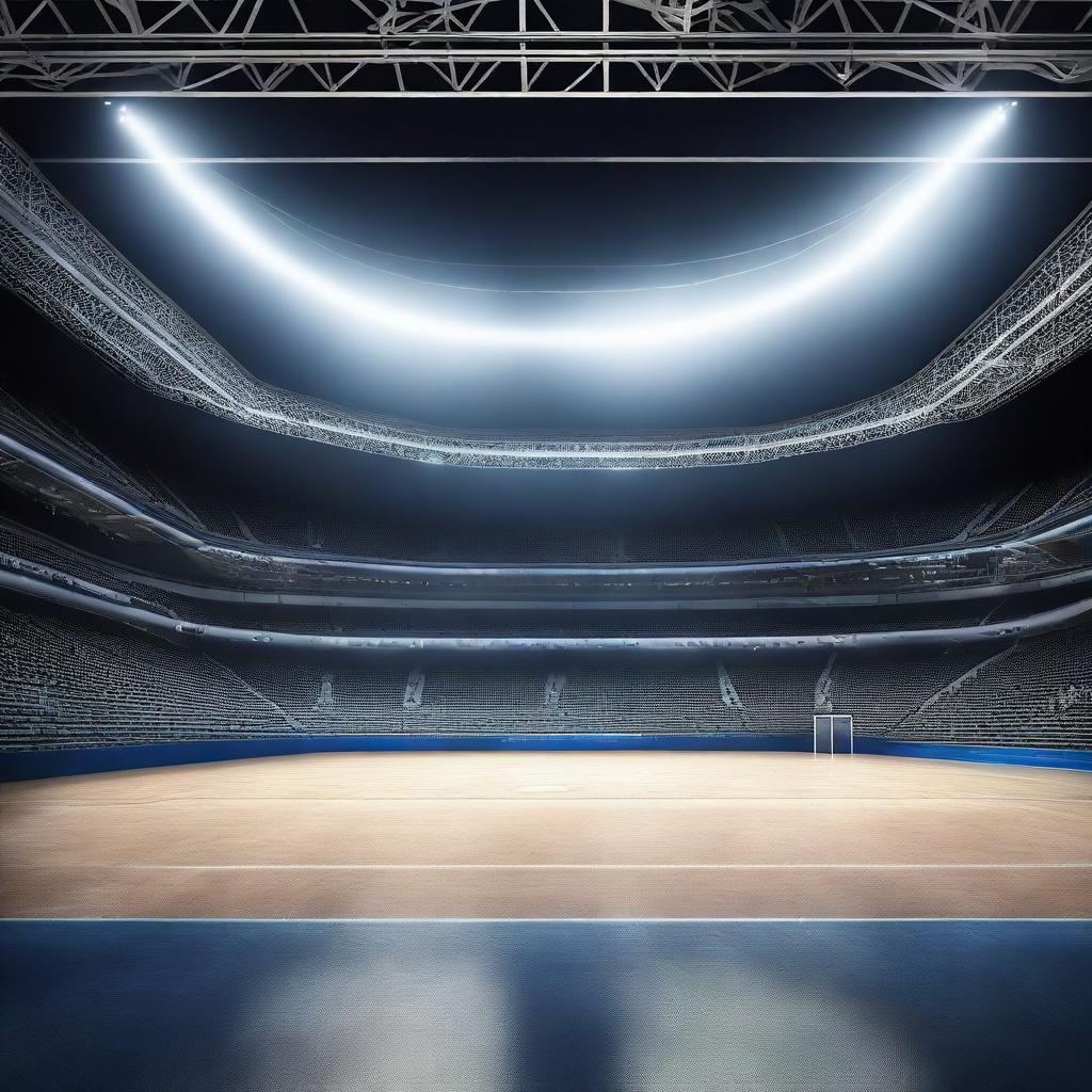 A hyper-realistic representation of an empty world championship arena at night, the playing field awash with the intensity of numerous spotlights creating an atmospheric play of light and shadow