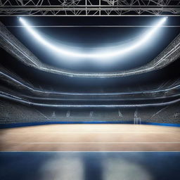 A hyper-realistic representation of an empty world championship arena at night, the playing field awash with the intensity of numerous spotlights creating an atmospheric play of light and shadow