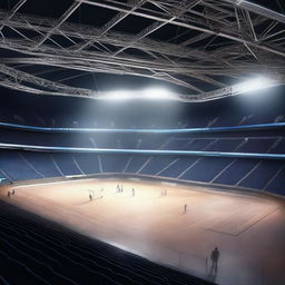 A hyper-realistic representation of an empty world championship arena at night, the playing field awash with the intensity of numerous spotlights creating an atmospheric play of light and shadow