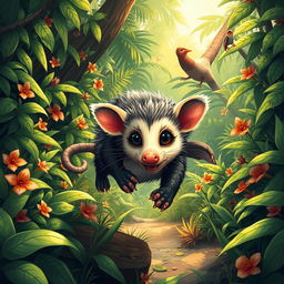 A captivating illustration of a saruê (opossum) dramatically escaping from a lush jungle setting