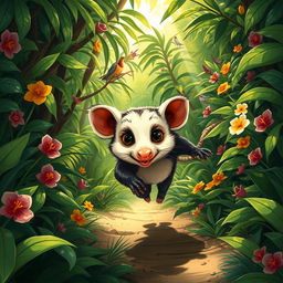 A captivating illustration of a saruê (opossum) dramatically escaping from a lush jungle setting