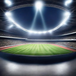 A hyper-realistic representation of an empty world championship arena at night, the playing field awash with the intensity of numerous spotlights creating an atmospheric play of light and shadow