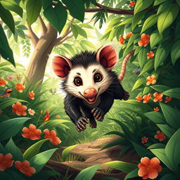 A captivating illustration of a saruê (opossum) dramatically escaping from a lush jungle setting