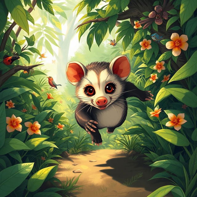 A captivating illustration of a saruê (opossum) dramatically escaping from a lush jungle setting