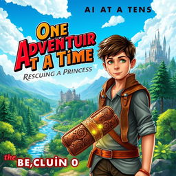 A captivating book cover for a fantasy novel aimed at teens, featuring a brave young boy standing in a vibrant fantasy world