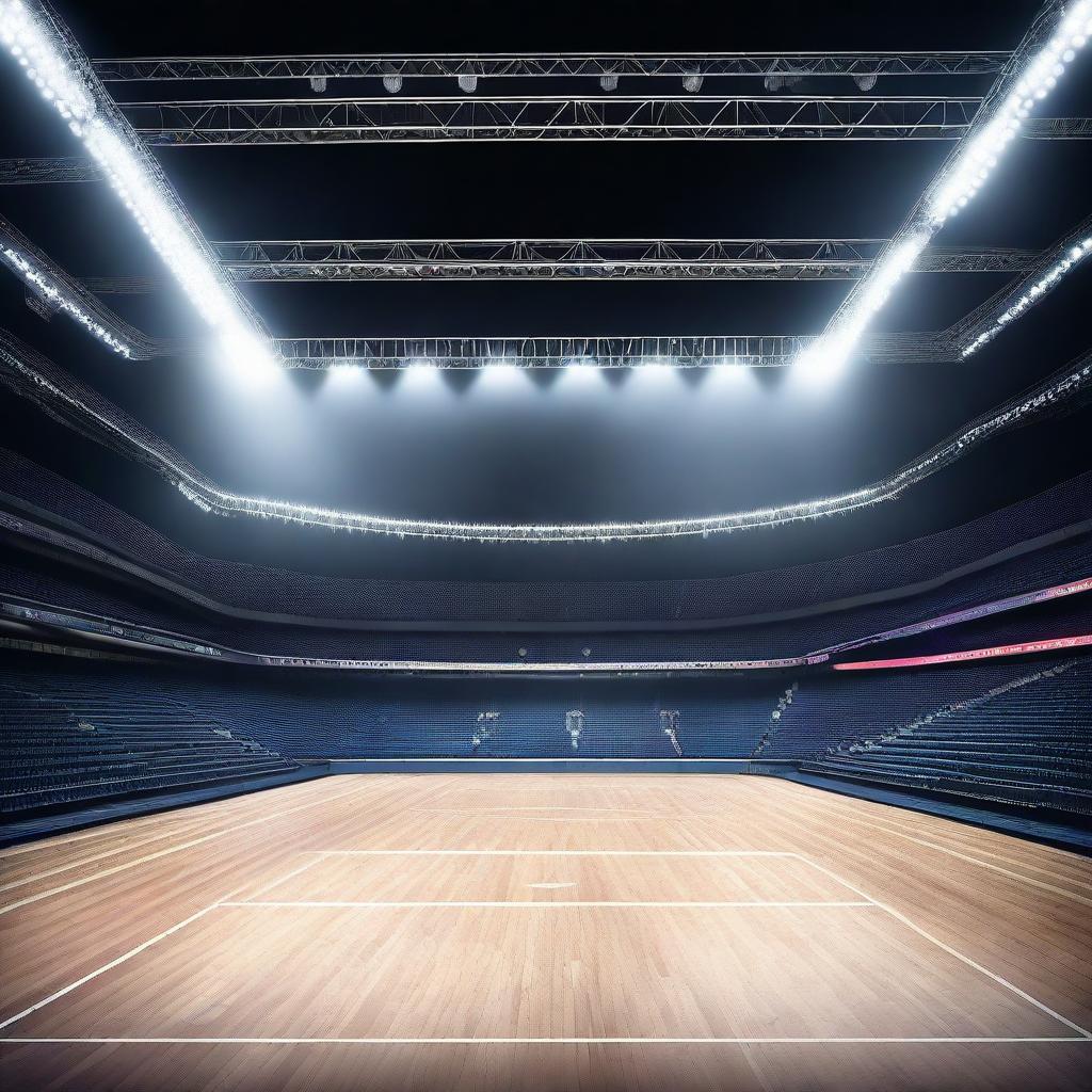 A hyper-realistic representation of an empty world championship arena at night, the playing field awash with the intensity of numerous spotlights creating an atmospheric play of light and shadow