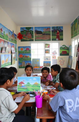A vibrant, colorful display of student artwork showcasing the culture and heritage of Blora, Indonesia