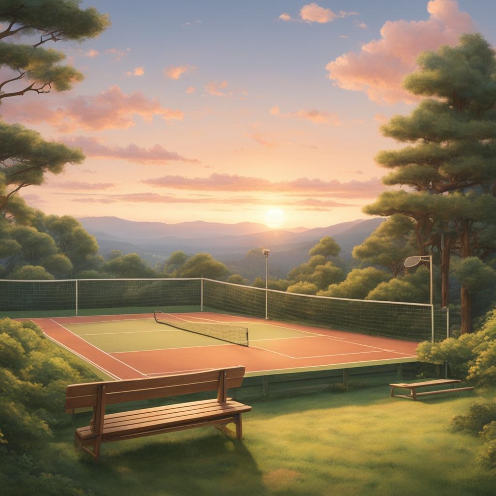 Studio Ghibli style tennis court nestled in a lush forest with rolling hills in the background under a pastel sunset sky