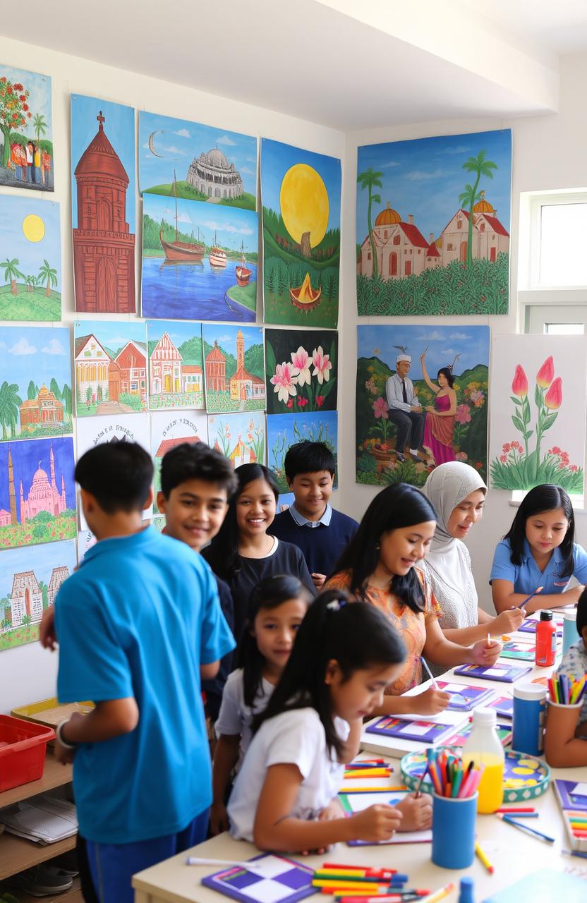 A vibrant, colorful display of student artwork showcasing the culture and heritage of Blora, Indonesia