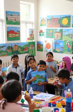 A vibrant, colorful display of student artwork showcasing the culture and heritage of Blora, Indonesia