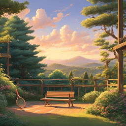 Studio Ghibli style tennis court nestled in a lush forest with rolling hills in the background under a pastel sunset sky