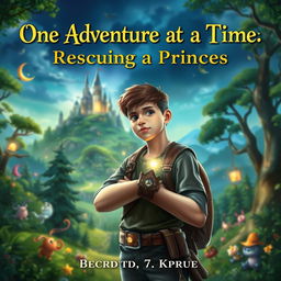 A captivating fantasy novel book cover featuring a brave teen boy standing confidently in a vibrant fantasy world
