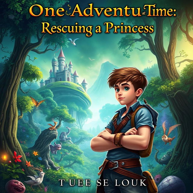 A captivating fantasy novel book cover featuring a brave teen boy standing confidently in a vibrant fantasy world