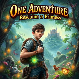 A captivating fantasy novel book cover featuring a brave teen boy standing confidently in a vibrant fantasy world