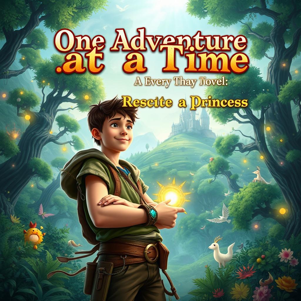 A captivating fantasy novel book cover featuring a brave teen boy standing confidently in a vibrant fantasy world