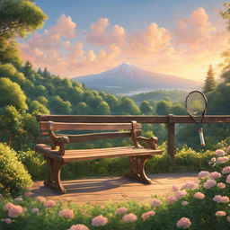 Studio Ghibli style tennis court nestled in a lush forest with rolling hills in the background under a pastel sunset sky