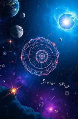 A stunning visualization of the universe intertwined with elements of mathematics, showcasing a cosmic scene filled with galaxies, stars, and planets