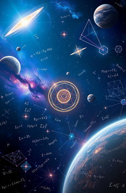 A stunning visualization of the universe intertwined with elements of mathematics, showcasing a cosmic scene filled with galaxies, stars, and planets