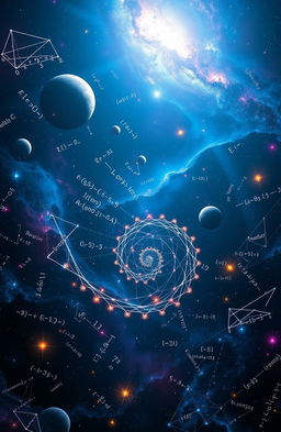A stunning visualization of the universe intertwined with elements of mathematics, showcasing a cosmic scene filled with galaxies, stars, and planets