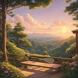 Studio Ghibli style tennis court nestled in a lush forest with rolling hills in the background under a pastel sunset sky