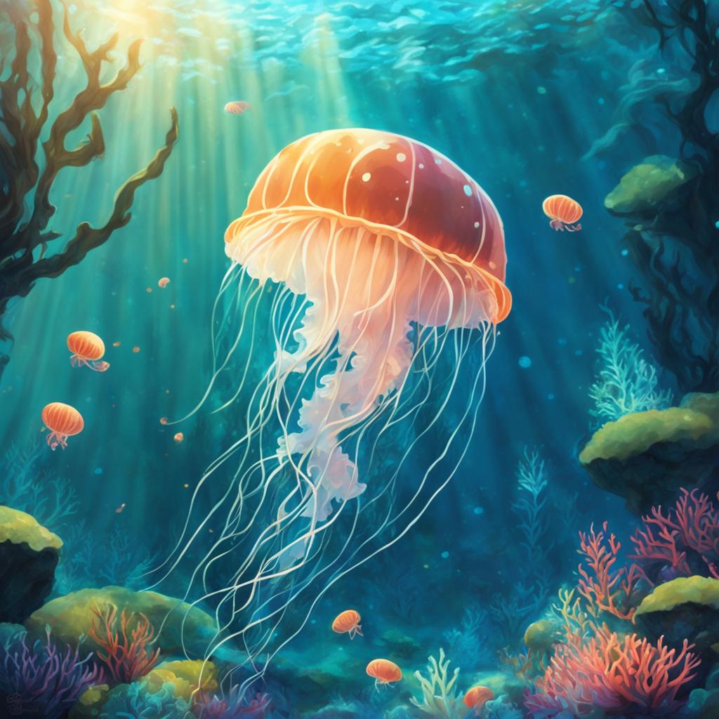 Studio Ghibli style underwater scene with glowing jellyfish floating gracefully among coral and seaweed under dappled sunlight