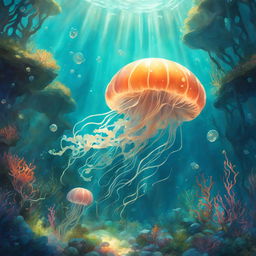 Studio Ghibli style underwater scene with glowing jellyfish floating gracefully among coral and seaweed under dappled sunlight