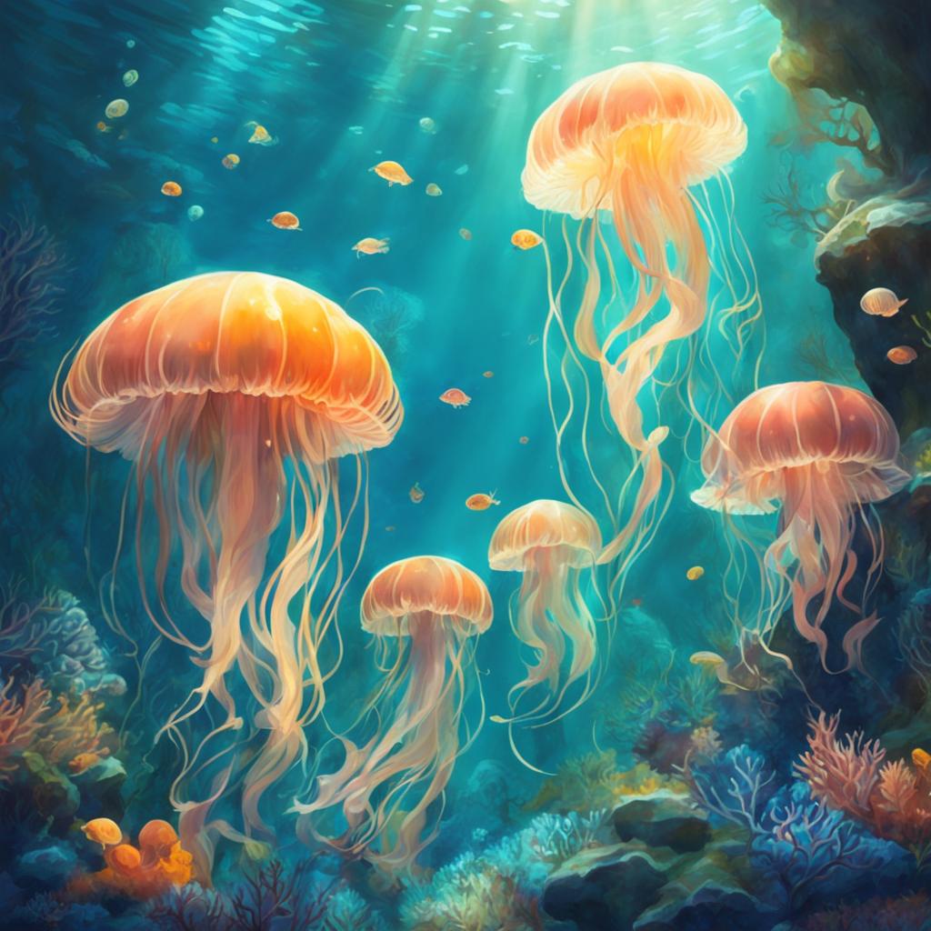 Studio Ghibli style underwater scene with glowing jellyfish floating gracefully among coral and seaweed under dappled sunlight