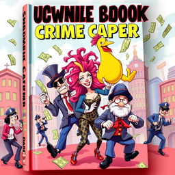 A vibrant and chaotic book cover depicting a group of absurd criminals engaged in humorous and outrageous activities