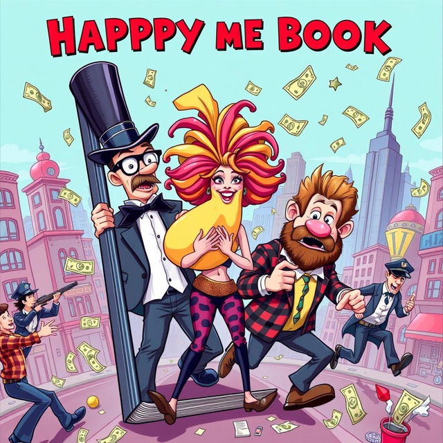 A vibrant and chaotic book cover depicting a group of absurd criminals engaged in humorous and outrageous activities