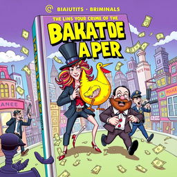 A vibrant and chaotic book cover depicting a group of absurd criminals engaged in humorous and outrageous activities
