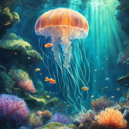 Studio Ghibli style underwater scene with glowing jellyfish floating gracefully among coral and seaweed under dappled sunlight