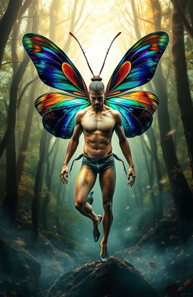 An insect magically transforming into a man, showcasing the process of metamorphosis