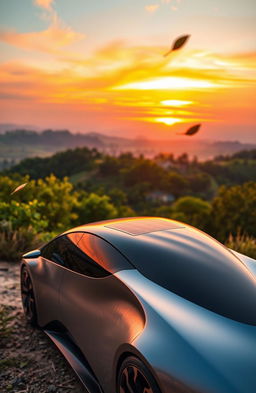 A futuristic hybrid electric vehicle parked on a scenic hillside during sunset