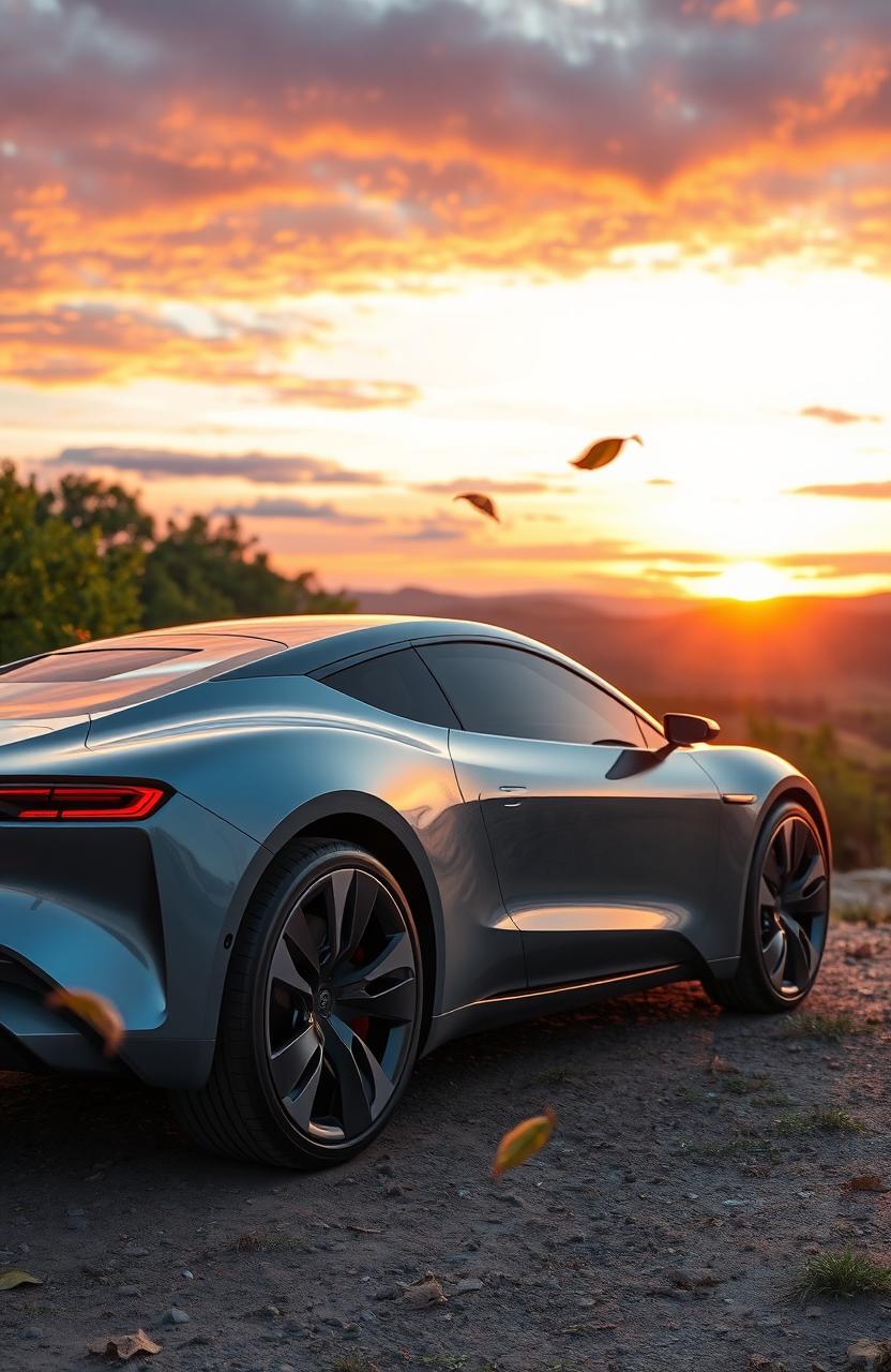 A futuristic hybrid electric vehicle parked on a scenic hillside during sunset