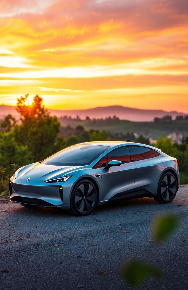 A futuristic hybrid electric vehicle parked on a scenic hillside during sunset