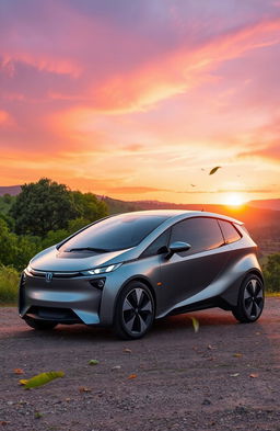 A futuristic hybrid electric vehicle parked on a scenic hillside during sunset