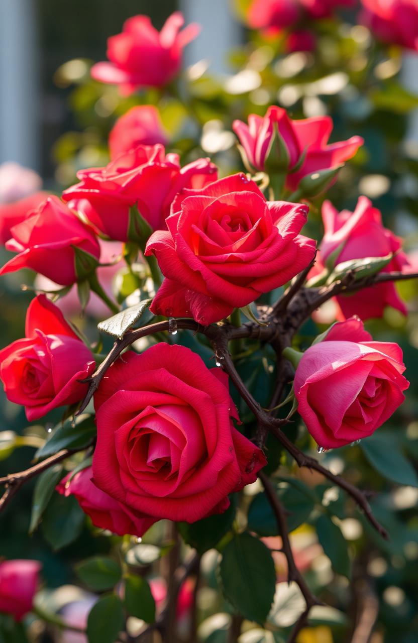 A captivating artistic representation of roses intertwined with thorns, showcasing vibrant, lush blooms in various shades of red and pink