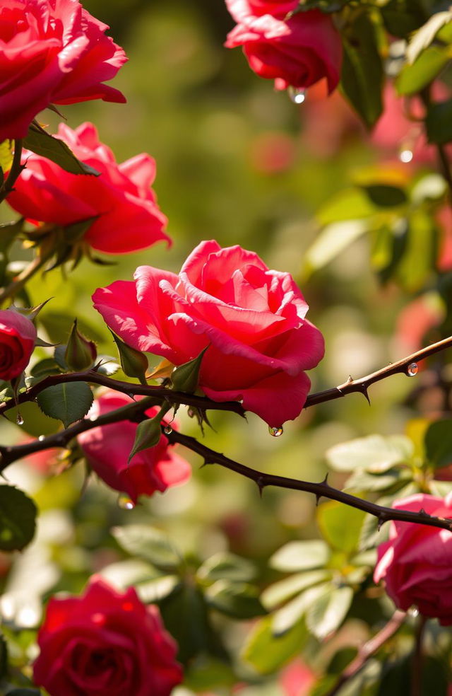 A captivating artistic representation of roses intertwined with thorns, showcasing vibrant, lush blooms in various shades of red and pink