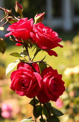 A captivating artistic representation of roses intertwined with thorns, showcasing vibrant, lush blooms in various shades of red and pink