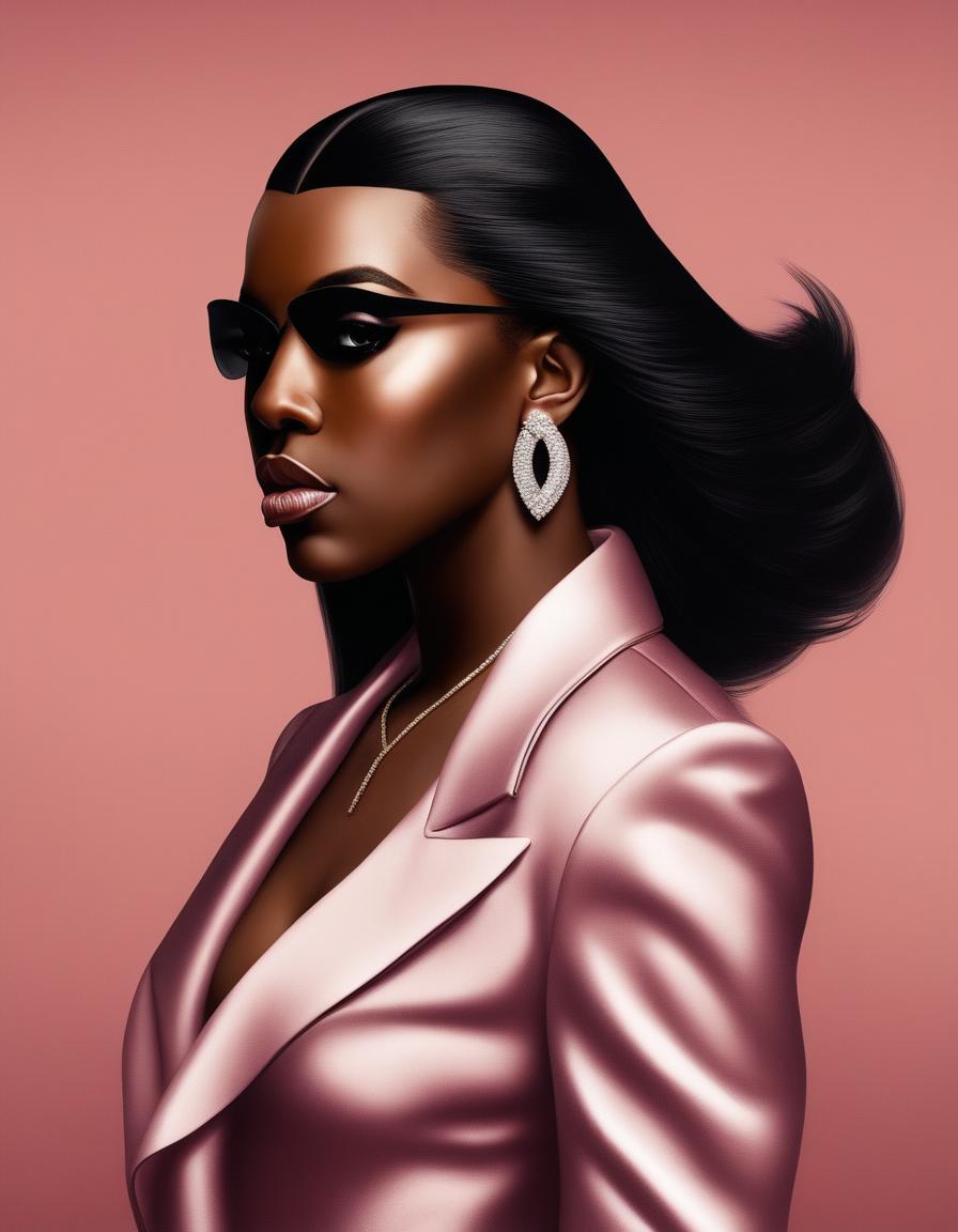 Digital art of Kanye West reimagined as a woman, with long dark hair, reshaped eyebrows, fuller lips, and dressed in high-fashion attire