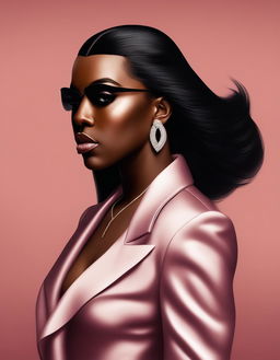 Digital art of Kanye West reimagined as a woman, with long dark hair, reshaped eyebrows, fuller lips, and dressed in high-fashion attire