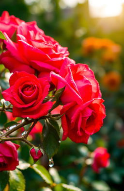 A captivating artistic representation of roses intertwined with thorns, showcasing vibrant, lush blooms in various shades of red and pink