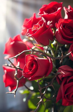 A stunning visual representation of a bouquet of vibrant red roses intertwined with sharp, glistening thorns