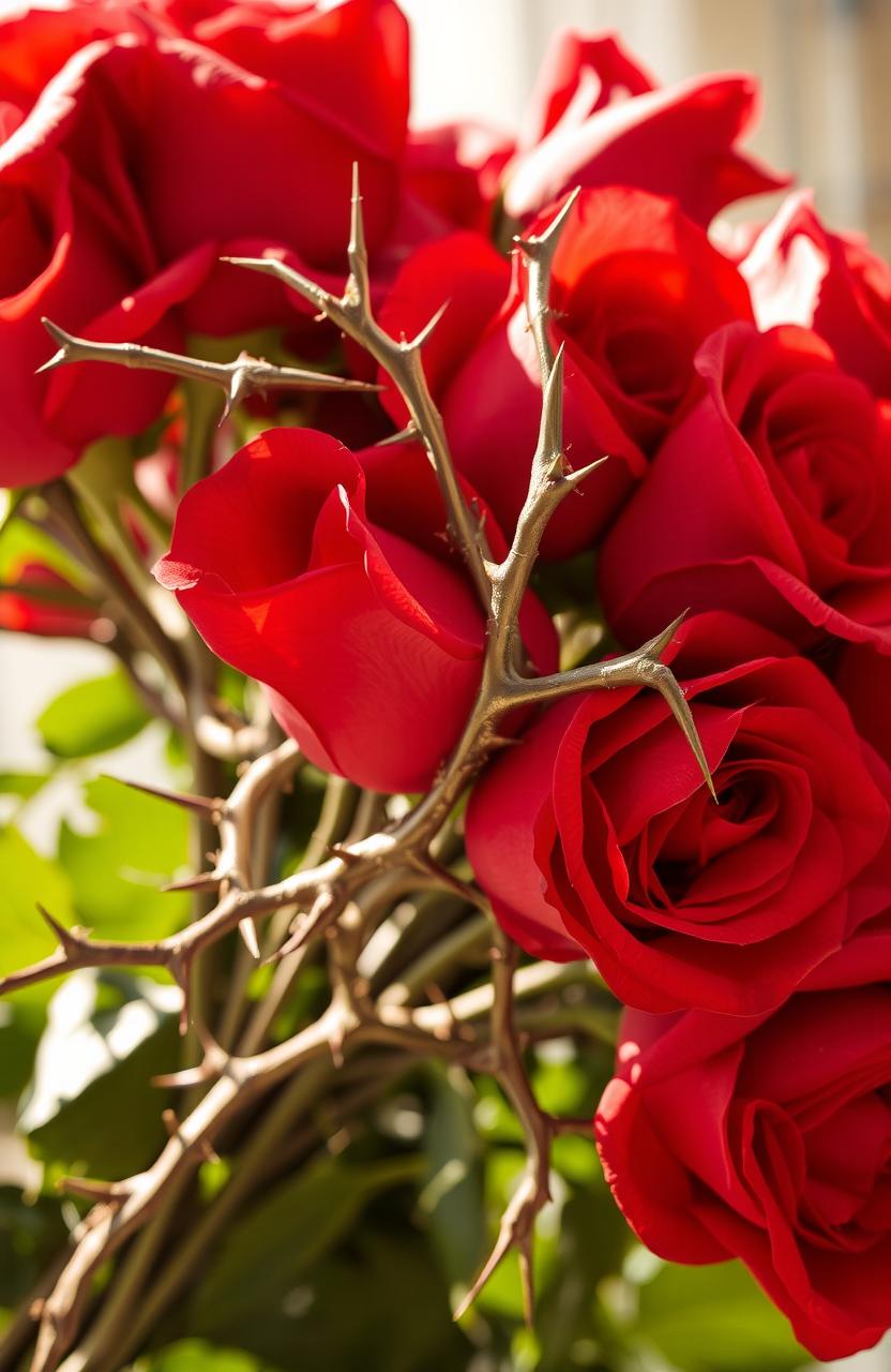 A stunning visual representation of a bouquet of vibrant red roses intertwined with sharp, glistening thorns