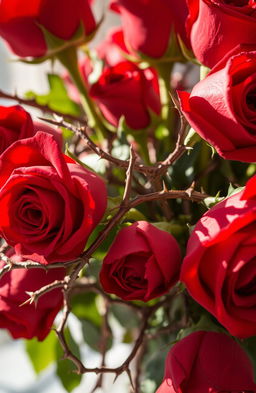 A stunning visual representation of a bouquet of vibrant red roses intertwined with sharp, glistening thorns