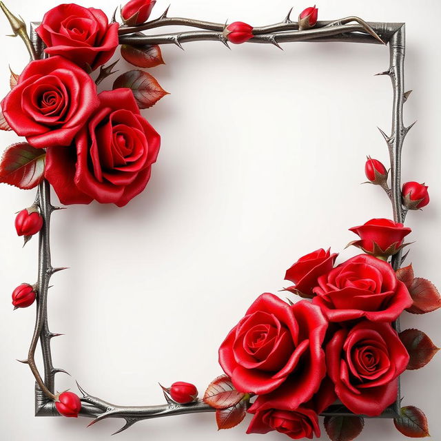 A beautifully designed 3D frame made of intricate red roses and sharp thorns