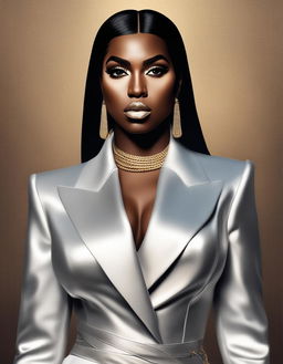 Digital art of Kanye West reimagined as a woman, with long dark hair, reshaped eyebrows, fuller lips, and dressed in high-fashion attire