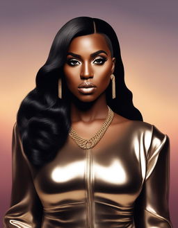 Digital art of Kanye West reimagined as a woman, with long dark hair, reshaped eyebrows, fuller lips, and dressed in high-fashion attire