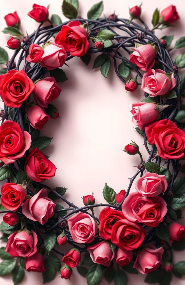 A stunning 3D frame made entirely of intricate roses intertwined with sharp thorns, showcasing a romantic yet edgy aesthetic